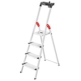 Hailo L80 ComfortLine Alu-Sicherheits-Stehleiter | 4 XXL-Stufen belastbar bis 150 kg | tiefe Standfläche |Stehleiter mit Ablage | klappbare Aluleiter made in Germany | Leiter rostfrei | silber