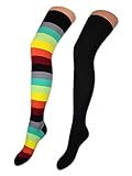 sockenkauf24 2 Paar Overknee Strümpfe Baumwolle Socken Overknees in vielen Farben & Mustern - Ringel & Uni - 10723 (35-38, Bunte Ringel & Schwarz)