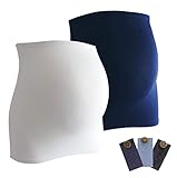 Mamaband Schwangerschaft Bauchband für die Babykugel im Doppelpack + 3erPack Jeanserweiterung – Rückenwärmer und Shirtverlängerung für Schwangere – Elastische Umstandsmode Dunkelblau/Weiß 38-42