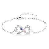 XIXI Personalisierte Armband Silber 925 mit 1/2/3 Namen und Geburtsstein Gravur Einstellbar Herz Armbänder für Mutter Tochter Damen Geschenk für Valentinstag Geburtstag Muttertag (2 Herz)