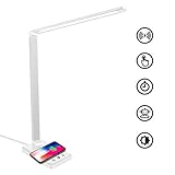 Wilktop LED Schreibtischlampe, Dimmbar Tischlampe 6W Wireless Laden und USB-Ladeanschluss Augenschutz Leselampe, 10 Helligkeitsstufen, 5 Farb Touchfeldbedienung Tischleuchte für Lesen, Büro (Weiß)