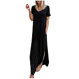 Inawayls Damen Freizeitkleid Sommermode Einfarbiges Kleid mit V-Ausschnitt Kurzärmliges, geteiltes Maxi-Strandkleid