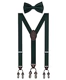 Aissy Herren Hosenträger Breit 6 Clips mit Leder in Y-Form/Extra Starken 35mm Elastisch und Längenverstellbar in Verschiedenen Farben Designs für Männer und Damen Hose Grün Fliege