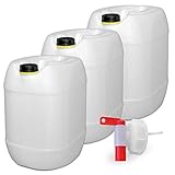 plasteo 3er Set: 30 Liter Getränke u.Trinkwasserkanister Wassertank Behälter Natur mit 1 Hahn und 3 Schraubdeckel (DIN 61) | Lebensmittelecht | Tragbar | Indoor und Outdoor | BPA Frei