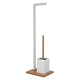 MSV WC Garnitur aus Bambus Toilettenpapierhalter aus Holz mit separatem Kunststoffbehälter Standgarnitur mit Toilettenbürste und Klorollenhalter