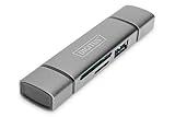 DIGITUS Dual Card-Reader mit Hub - USB-A & USB-C - SD & Micro-SD Kartenleser - USB 3.0 Hub 1 Port - Grau, DA-70886