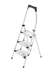 Hailo K100 TopLine Alu-Klapptritt-Leiter | 3 extra große Stufen bis 150kg | Komfort-Trittleiter mit hochgeschwungenem Sicherheitsbügel & Ablageschale | Füße mit Soft-Grip-Sohle | rostfrei | silber