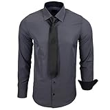 Baxboy 444-BK Herren Kontrast Hemd Business Hemden mit Krawatte Hochzeit Freizeit Fit, Farbe:Anthrazit, Größe:XL