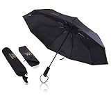 Massi Morino Regenschirm mit Auf-Zu-Funktion (sturmfest bis 140 km/h) Taschenschirm schwarz + praktisches Reise-Etui