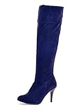 Minetom Damen Klassische Stiefel Stiletto über Knie Lange Stiefel Langschaft Stiefeletten mit Pfennigabsatz PU Leder Wildleder Overknees Boots Winterstiefel A Blau 34 EU