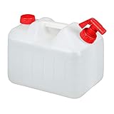 Relaxdays Wasserkanister mit Hahn, Schraubdeckel, Trinkwasserkanister Camping, 10l Tank, BPA-frei, Kunststoff, weiß-rot