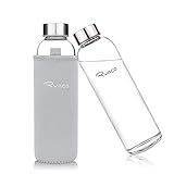 Ryaco Glasflasche Trinkflasche Classic Tragbare 550ml BPA-frei für unterwegs Sportflasche Glas Wasserflasche zum Mitnehmen von kalten Heiß Getränken mit Neopren Tasche und Schwammbürste (Hellgrau)