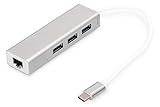 DIGITUS USB 3.0 Typ C 3-Port Hub mit Gigabit Ethernet Adapter, 3x USB A, 1x RJ45 LAN, Silber
