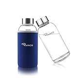 Ryaco Glasflasche Trinkflasche Classic Tragbare 360ml BPA-frei für unterwegs Sportflasche Glas Wasserflasche zum Mitnehmen von kalten Getränken mit Neopren Tasche und Schwammbürste (Saphir, 360ml)