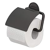 Tiger Tune Toilettenpapierhalter mit Deckel, Montage ohne Bohren dank integrierter Klebefolie, optional Befestigung zum Schrauben, Black Metal gebürstet/Schwarz, 150 x 123 x 33 mm