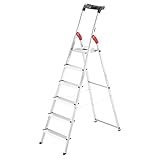 Hailo L60 StandardLine Alu-Sicherheits-Stehleiter , Leiter 6 Stufen belastbar bis 150 kg , stabile Holmführung , Stehleiter mit Ablage , klappbare Aluleiter made in Germany , Leiter rostfrei , silber