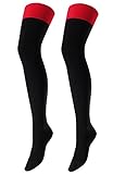 2 PAAR DAMEN OVERKNEE ÜBERKNIE STRÜMPFE STRUMPFHOSEN KNIESTRÜMPFE BAUMWOLLE GR. 35-42 (35-38, SCHWARZ/ROT)