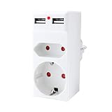 benon Steckdosen-Adapter 2-Fach - Weiß mit 2 USB - 2in1 Mehrfachstecker - Doppelstecker mit Überlastschutz und Kindersicherung - 2.4A USB (5V) - Multistecker max. 3680W