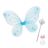Relaxdays Feenflügel mit Zauberstab, Fee Kostüm Kinder, Flügel & Zepter, Glitzer, Mädchen, Feenset, blau