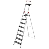 Hailo L100 TopLine Alu-Sicherheits-Stehleiter | 8 XXL-Stufen bis 150 kg | Stehleiter mit ausziehbarem Haltebügel, Plattformverriegelung | viel Zubehör | klappbare Aluleiter made in Germany | schwarz
