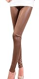 BOZEVON Sexy Faux Leder Leggings Hüfthoch Strumpfhose Damen Leggins Stretch Hose, Braun