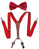 axy X-Form Herren Hosenträger mit Fliege Set - breit 2,5 cm mit PU Leder und 4 Starken Clips HT25-2 (Rot Set)