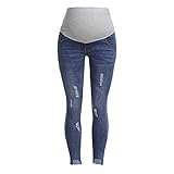 Vuncio Damen Umstandsmode Umstandsjeans Loch Schwangerschaftshose Maternity Umstandsleggings Jeans Schwangere Umstandshose mit Stretch Bauchband Slim Fit Hose (Blau, 38 EU)