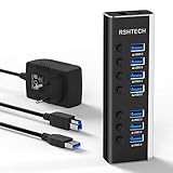 RSHTECH Aluminium 24W USB Hub Aktiv 3.0 mit 12V/2A Netzteil, 7-Port USB 3.0 Hub Multiport USB 3.0 Verteiler, zum Laden und zur Datenübertragung, mit Einzelnen On/Off Schalter und LED (RSH-A37S)