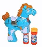 Unbekannt 2 x Süße Pferde Seifenblasen Pistole in Blau, LED Licht Funktion Seifenblasenmaschine Bubble Gun inkl. 4 x Seifenblasenlösung / Flüssigkeit & 6 AA Ambe Batterie