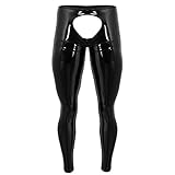 dPois Herren Glänzend Leggings Strumpfhosen Tight Wetlook Hosen Ouvert-Pants Männer Unterhose mit Offenem Penisloch Lederhose Dessous Clubwear M-XXL (XXL, Schwarz)