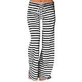ZIYOU Damen Gestreifte Hosen, Loose fit Yogahose mit Hohe Taille Beinhose Stoffhose Sporthose für Outwear Gym Fitness(M,Schwarz)