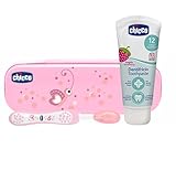 Chicco Oral Set inklusive Zahnbürste und Zahnpaste Erdbeere mit Flourid, rosa