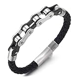 COOLSTEELANDBEYOND Herren Edelstahl Silber Schwarz Fahrradkette Motorrad Motorradkette Geflochtenes Leder Armband, Federringverschluss