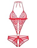 Avidlove Damen Tiefer V-Ausschnitt Halter Lingerie Bodysuit, Rot, M