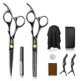 Qhui Haarschere Set, 2 Extra Scharfe Haarschneideschere mit Haarschneideumhang, Licht Friseurscheren mit Einseitiger Mikroverzahnung, Perfekter Profi Effilierschere für Damen, Herren und Kinder