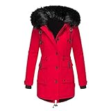 KEERADS Winterjacke Damen Lang Warm Steppmantel Parka Teddyfell Gefütterte mit Kunstfell Halsband Kapuze Einfarbig Lässig Wintermantel Rot S-5XL