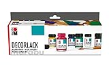 Marabu 1130000000087 - Decorlack Acryl Starter Set, hochglänzender Acryllack auf Wasserbasis, wetterfest, speichelecht, zum Malen, Schablonieren und für Serviettentechnik, 6 x 15 ml Farbe und Pinsel