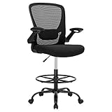 SONGMICS Zeichenstuhl mit aufklappbaren Armlehnen, Mesh Bürostuhl, Ergonomischer Malstuhl mit höhenverstellbarer Lendenwirbelstütze und Fußstütze, für Stehpult, Bartheke, Schwarz OBN026B02