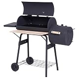 Outsunny Smoker Grill BBQ Holzkohlengrill Grillwagen Multifunktion mit 2 x Brennkammer Schornstein Metall + Tannenholz Schwarz 124 x 53 x 108 cm