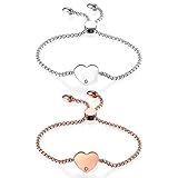 JewelryWe Schmuck 2pcs Damen Armband, Edelstahl Strass Hochglanz Poliert Herz Verstellbar Charm Armkette Armreif, Rosegold Silber