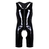 iEFiEL Herren Lackleder Overalls Wetlook Dessous Unterhemd Fitness Bodysuit Ouvert-Panties Trikot Body Ringershirt Schwarz Clubwear Schwarz X-Large