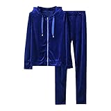 Lazzboy Jogginganzug Damen Top Hosen Sets Solid Long Sleeve Wear Sportanzug Traingsanzug Freizeitanzug Kapuzenpullover Bekleidungsset Sport Kuschlig Sportliche Zip Jacke ( Blau,XL )