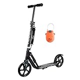 HUDORA BigWheel®, schwarz inkl. Kabelschloss | Faltbarer Alu Big Wheel Scooter Roller 205 | Höhenjustierbar | Reflektoren | Umhängegurt