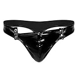 Yeahdor Herren Wetlook Slip Ouvert String Jockstrap Leder Tanga Lackleder Shorts T-Back Stringtanga mit Penis Loch Abnehmbare Penis Abdeckung S-XXL D String XXL