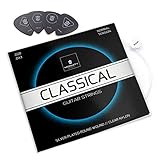 MORIATY® Gitarrensaiten Konzertgitarre - Premium Nylon Saiten für klassische Gitarre, Akustikgitarre (6 Saiten-Set) | INKLUSIVE: 4 Plektren + Extra hohe E-Saite