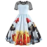 Fröhliches Halloween! SHOBDW Damen Halloween Niedlich Katze Geschenk Drucken Spitze Kurzarm Abendkleid Swing Kleid Bündel Taille Maxikleider Sommerkleid