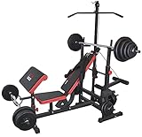 Multifunktion Hantelbank Kraftstation inkl. Latzug, Bauchtrainer, Armcurl und Beincurl mit Hantelset aus Langhantel, Curlhantel und Stange Gewichten 50kg bis 160kg (+ 50 kg Lang- & Curlhantel)