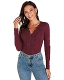 VONDA Sexy Oberteile Damen Spitzenoberteil Elegant V-Ausschnitt Langarmshirt Enge Bluse Schicke Tops Shirt A-Wein Rot S