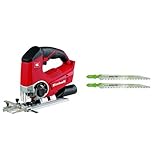 Einhell Akku Stichsäge TE-JS 18 Li Solo Power X-Change (Lithium Ionen, 18 V, max. 80 mm, 4-Stufen Pendelhub, Absaugadapter, Parallelanschlag, LED-Licht, ohne Akku und Ladegerät) + kwb AKKU-TOP Stichsägeblatt 623520 (2 Stück, Holzbearbeitung, HCS Kohlenstoffstahl, Länge 116/87 mm)