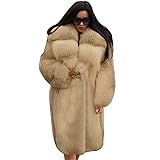 Caige Damen-Langen Faux-Pelzmantel mit Kapuze, Dicke warme Pelzjacke-Mantel,Braun,5XL